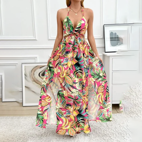 Fifaytech™ Tropical Floral Halter Maxi Dress