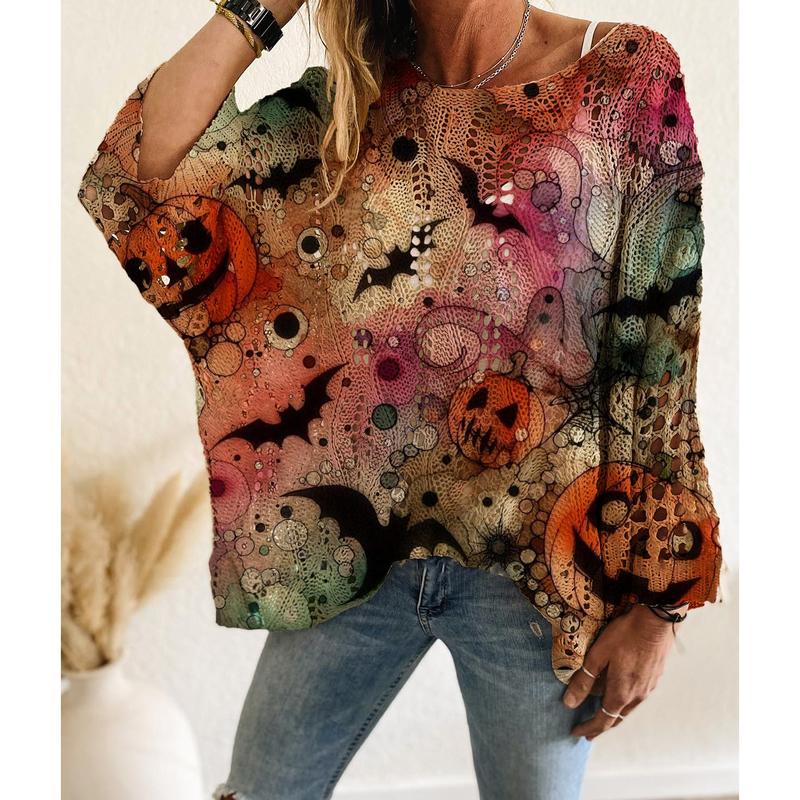 Fifaytech™ Halloween pumpkin print long-sleeved knitted top