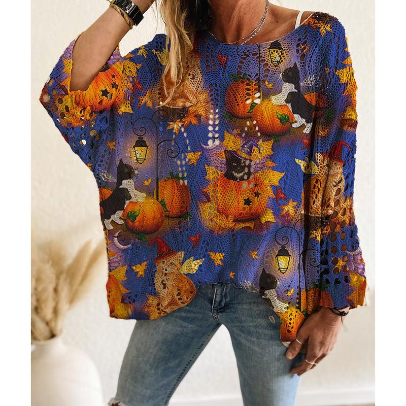 Fifaytech™ Halloween pumpkin print long-sleeved knitted top