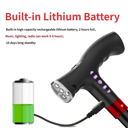 4-in-1 Smart Walking Cane for Seniors - Anti-Slip Adjustable Cane with FM Radio, SOS Alarm & LED Light