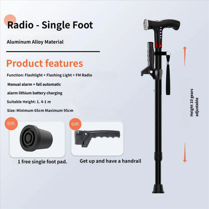 4-in-1 Smart Walking Cane for Seniors - Anti-Slip Adjustable Cane with FM Radio, SOS Alarm & LED Light
