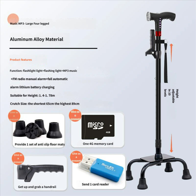 4-in-1 Smart Walking Cane for Seniors - Anti-Slip Adjustable Cane with FM Radio, SOS Alarm & LED Light