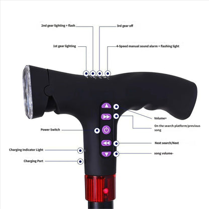 4-in-1 Smart Walking Cane for Seniors - Anti-Slip Adjustable Cane with FM Radio, SOS Alarm & LED Light