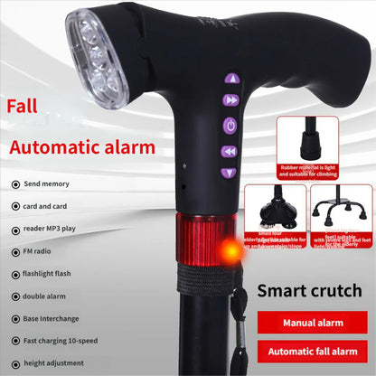 4-in-1 Smart Walking Cane for Seniors - Anti-Slip Adjustable Cane with FM Radio, SOS Alarm & LED Light