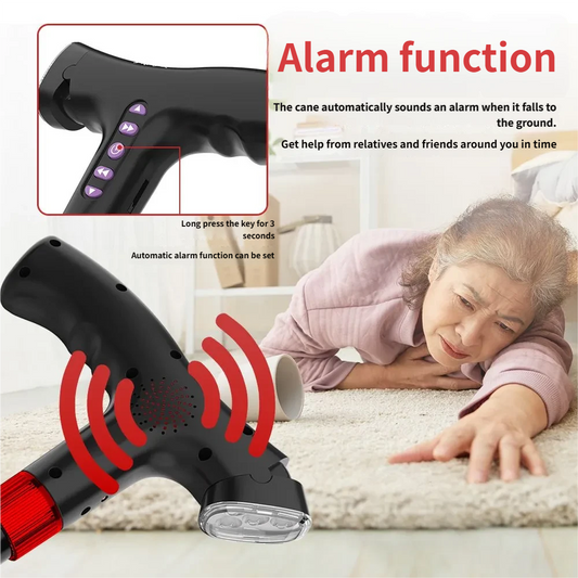 4-in-1 Smart Walking Cane for Seniors - Anti-Slip Adjustable Cane with FM Radio, SOS Alarm & LED Light