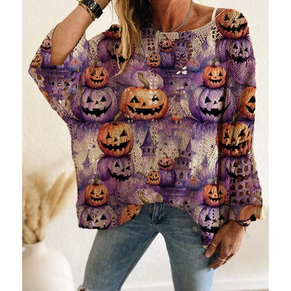 Fifaytech™ Halloween pumpkin print long-sleeved knitted top