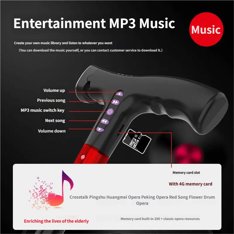 4-in-1 Smart Walking Cane for Seniors - Anti-Slip Adjustable Cane with FM Radio, SOS Alarm & LED Light