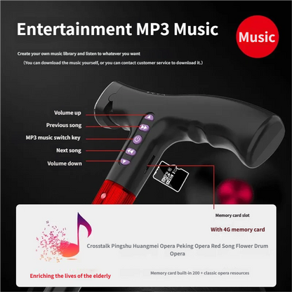 4-in-1 Smart Walking Cane for Seniors - Anti-Slip Adjustable Cane with FM Radio, SOS Alarm & LED Light