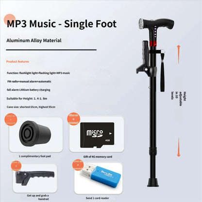 4-in-1 Smart Walking Cane for Seniors - Anti-Slip Adjustable Cane with FM Radio, SOS Alarm & LED Light