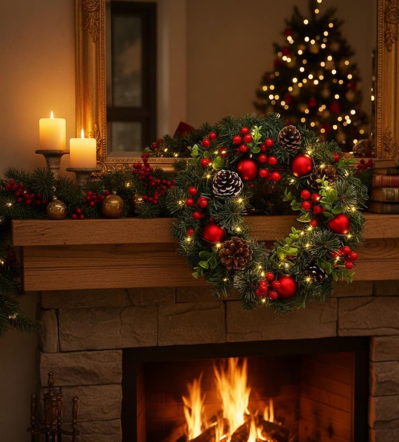 Fairy Glow LED Pinecone Berry Wreath Christmas Door Decor