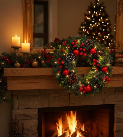 Fairy Glow LED Pinecone Berry Wreath Christmas Door Decor