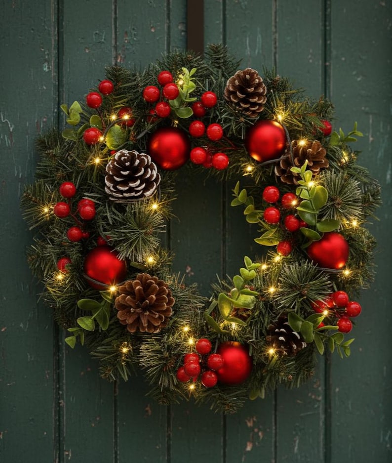 Fairy Glow LED Pinecone Berry Wreath Christmas Door Decor