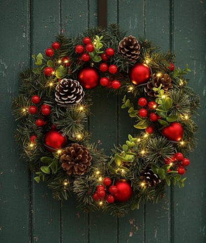 Fairy Glow LED Pinecone Berry Wreath Christmas Door Decor