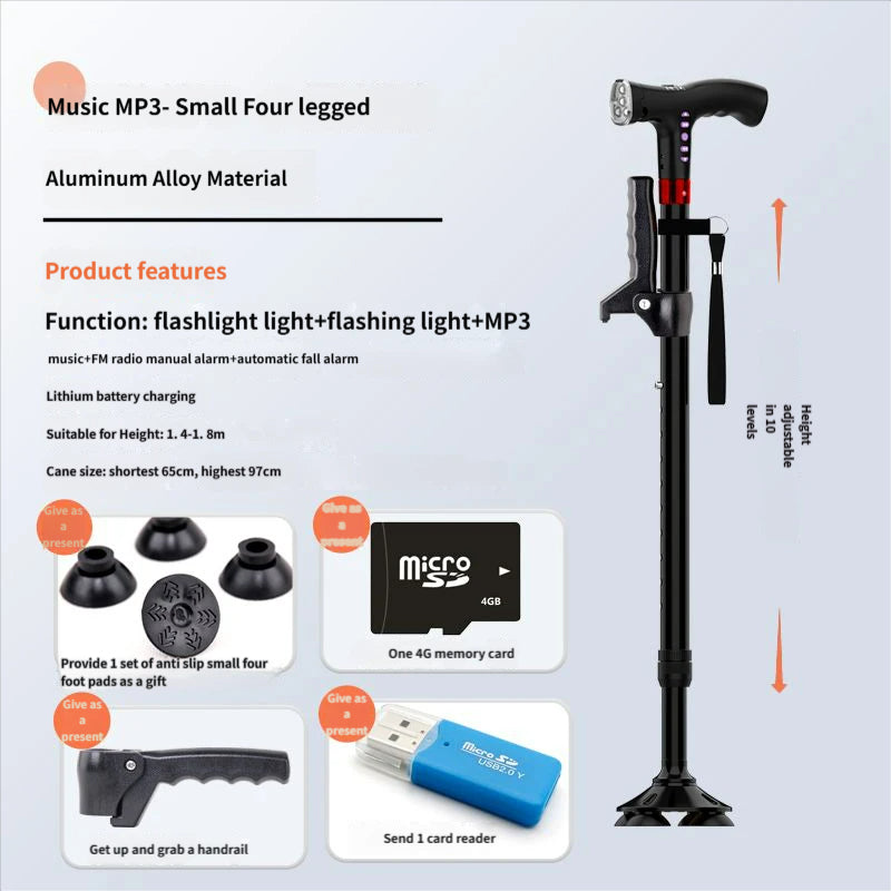 4-in-1 Smart Walking Cane for Seniors - Anti-Slip Adjustable Cane with FM Radio, SOS Alarm & LED Light