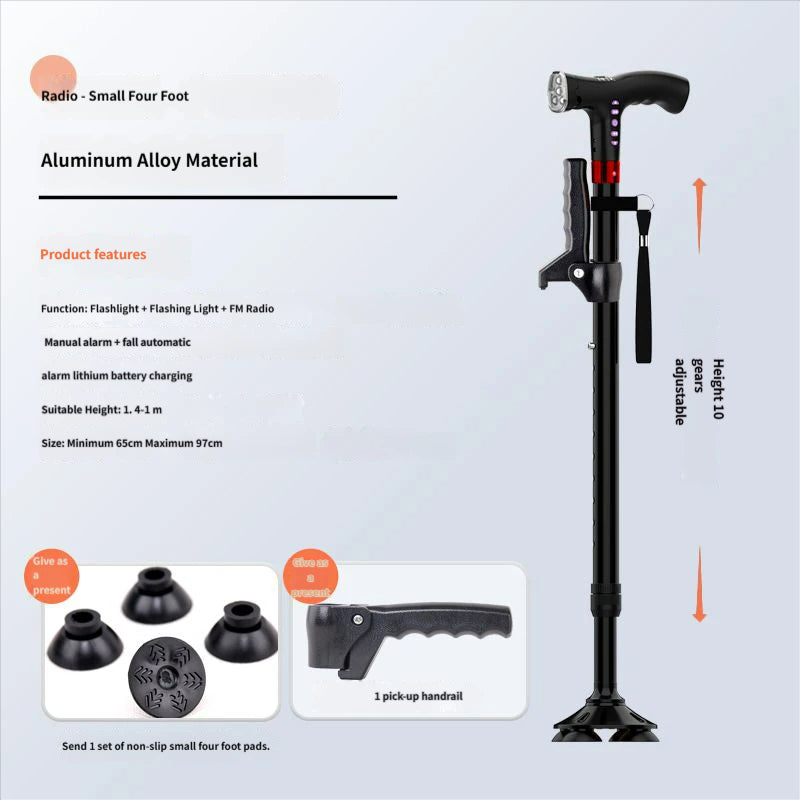 4-in-1 Smart Walking Cane for Seniors - Anti-Slip Adjustable Cane with FM Radio, SOS Alarm & LED Light