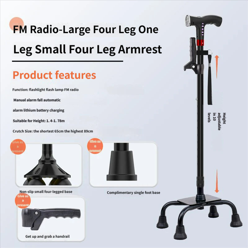 4-in-1 Smart Walking Cane for Seniors - Anti-Slip Adjustable Cane with FM Radio, SOS Alarm & LED Light