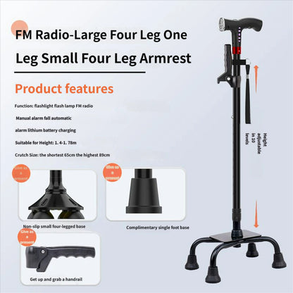 4-in-1 Smart Walking Cane for Seniors - Anti-Slip Adjustable Cane with FM Radio, SOS Alarm & LED Light
