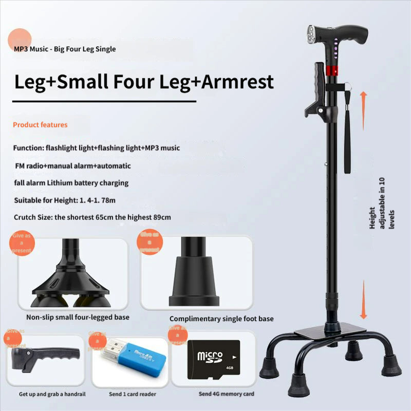 4-in-1 Smart Walking Cane for Seniors - Anti-Slip Adjustable Cane with FM Radio, SOS Alarm & LED Light