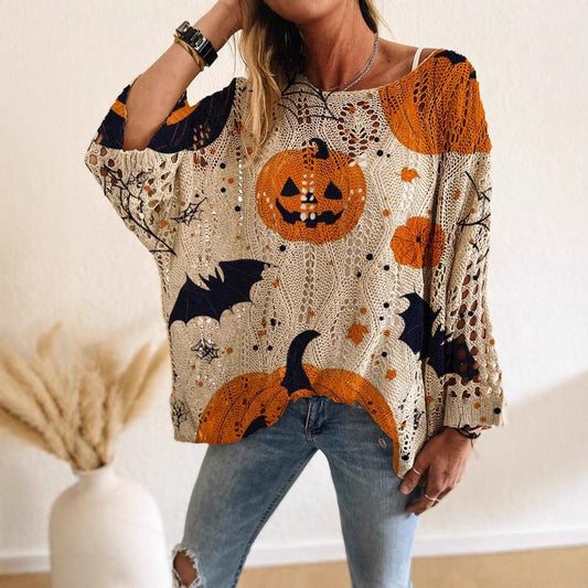 Fifaytech™ Halloween pumpkin print long-sleeved knitted top