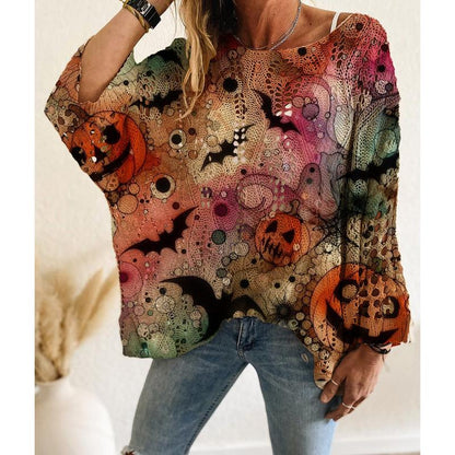 Fifaytech™ Halloween pumpkin print long-sleeved knitted top